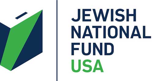 Logo of the jewish national fund usa, featuring a stylized blue and green book next to the organization's name.