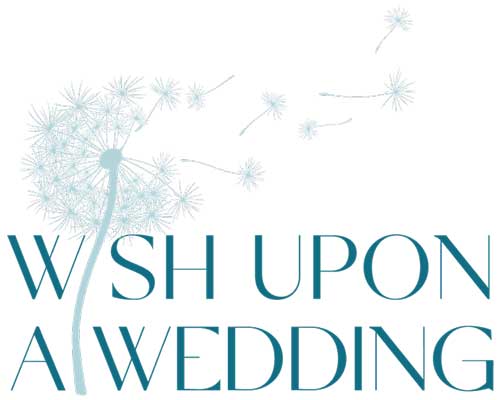 Graphic design of dandelion seeds dispersing with the phrase "wish upon a wedding.