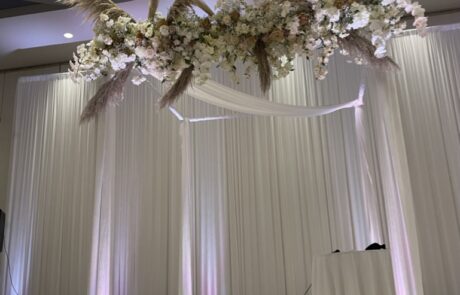 Elegant wedding arch decorated with flowers and feathers, set against a draped white backdrop.