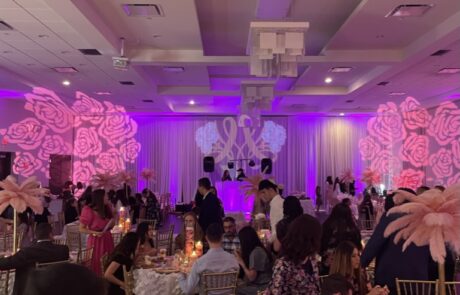 A wedding reception venue with guests seated at tables, a purple lighting scheme, and decorative elements on the walls and ceiling.